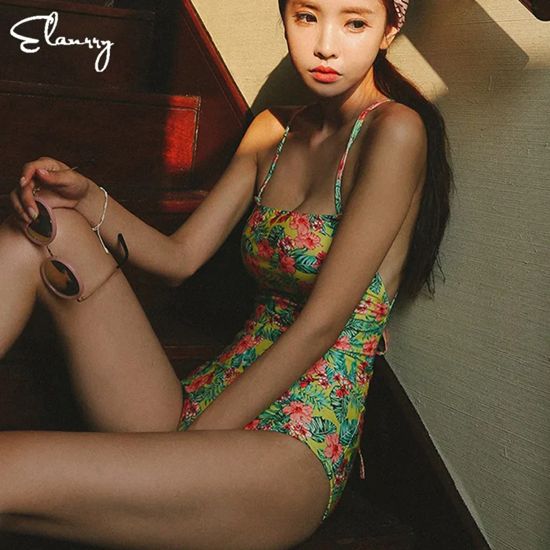 

2018 New One Piece Swimsuit Sexy Floral Printed Swimwear Women Bathing Suit Beach Backless Monokini Bandage Swimsuit Female