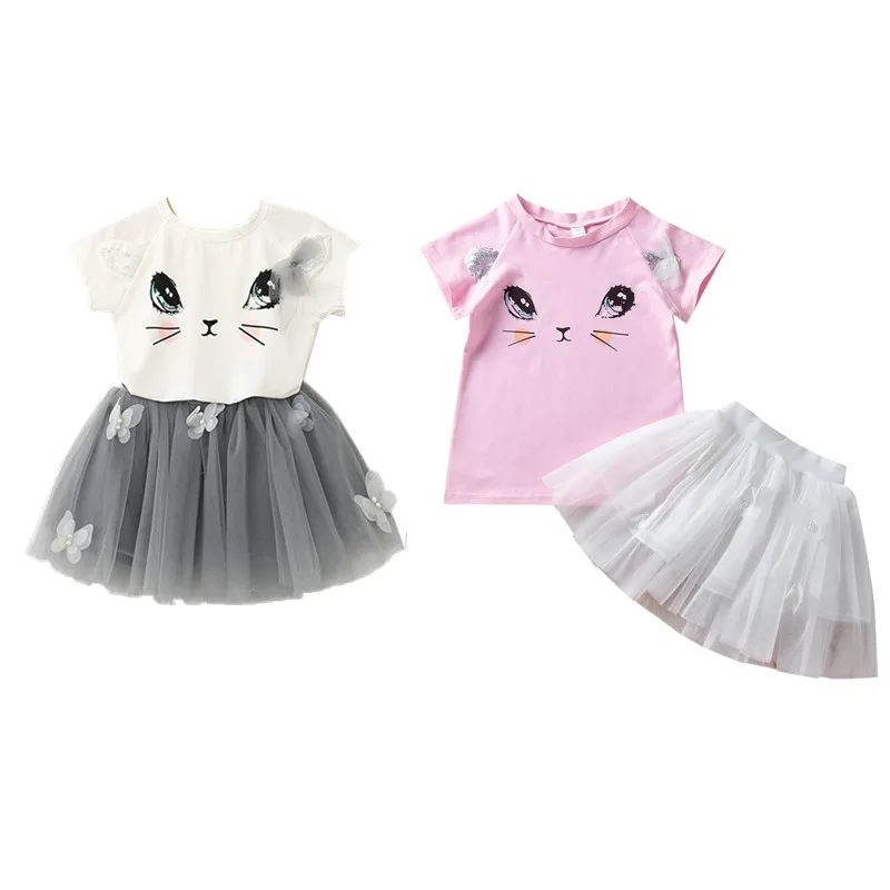 

Kid Baby Girl Clothes Set Cat Print Tee White And Pink Color +Net Skirt Bebe Children Girl Clothing