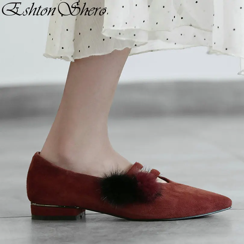 

EshtonShero Women's Shoes Woman Pumps Cow Leather+PU Low Heels Pointed Toe Brown Sweet Style Ladies Wedding Shoes Size 3-8