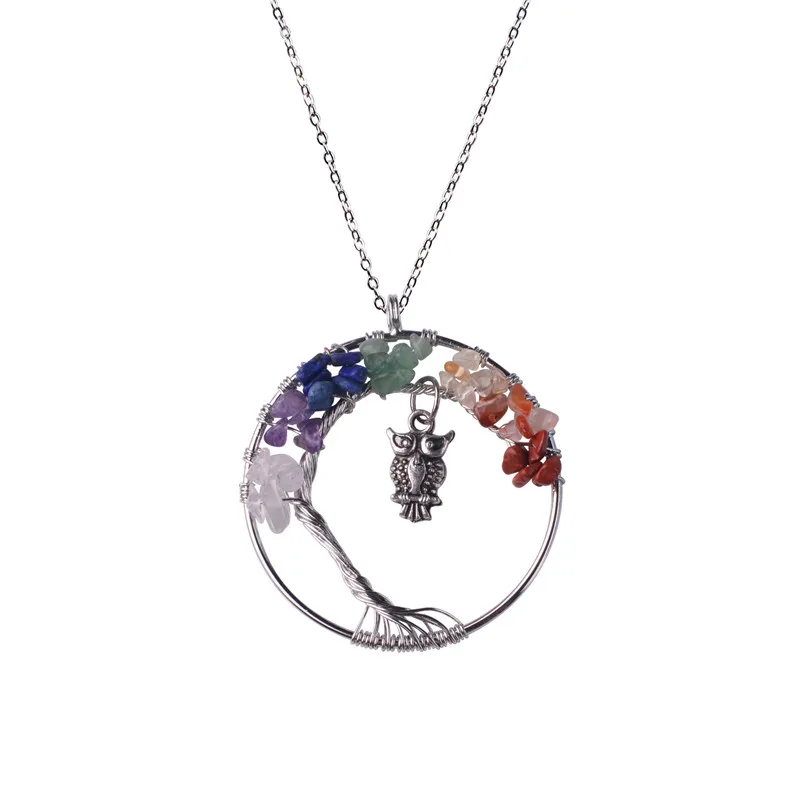 Handmade Tree of Life Owl Necklaces Natural  Lapis Lazuli Quartz Crystal Stone Collier Necklace