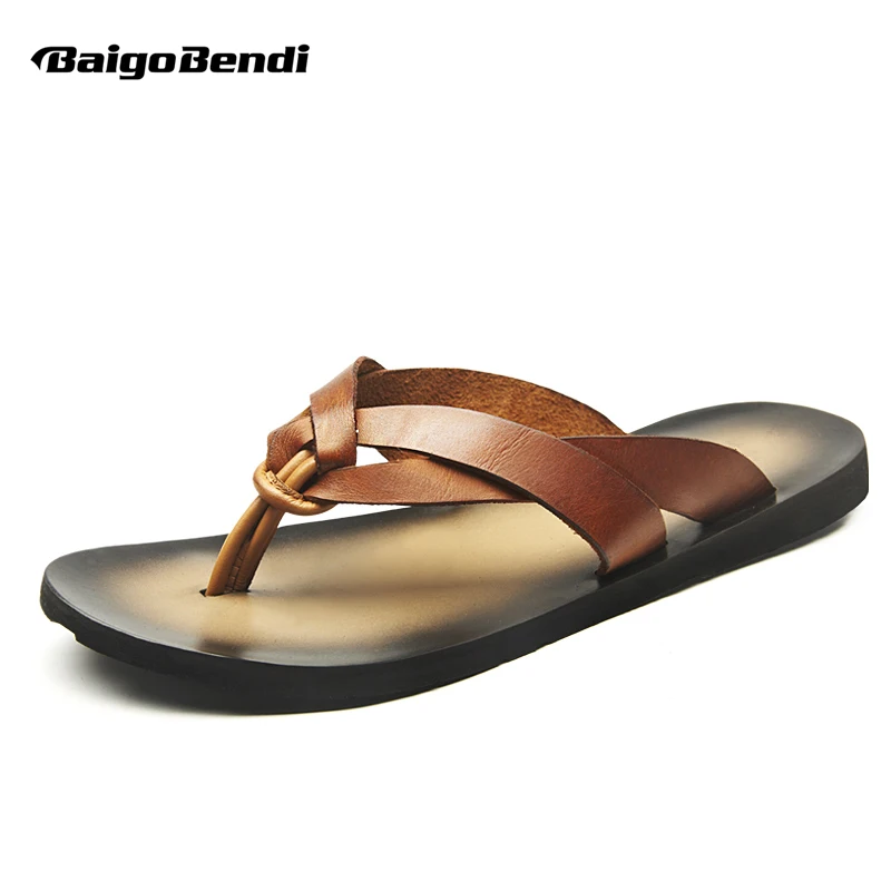 

New Men REAL Leather Casual T-Strap Tongs Sandals Flip-Flops Slipper Shoes Summer Beach Slides