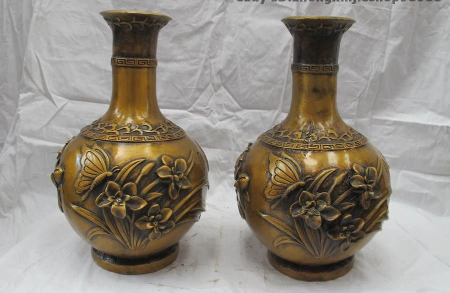 Chinese Feng Shui Bronze Auspicious Wealth Rich Flowers Bottle Pot