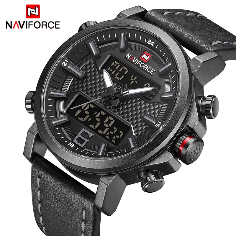 

NAVIFORCE Casual Male Sports Watches Men LCD Quartz Digital Clock Top Brand Male Fashion Leather Waterproof Military Wrist Watch