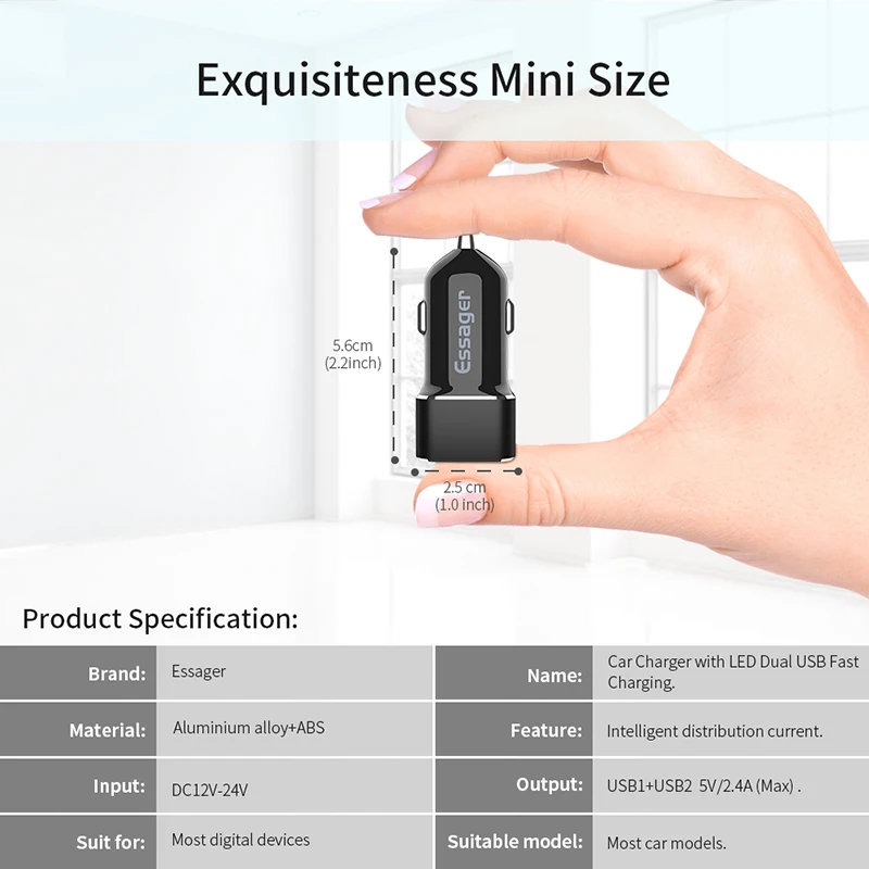Essager Dual USB Автомобильное зарядное устройство адаптер Led 2.4A Быстрая зарядка