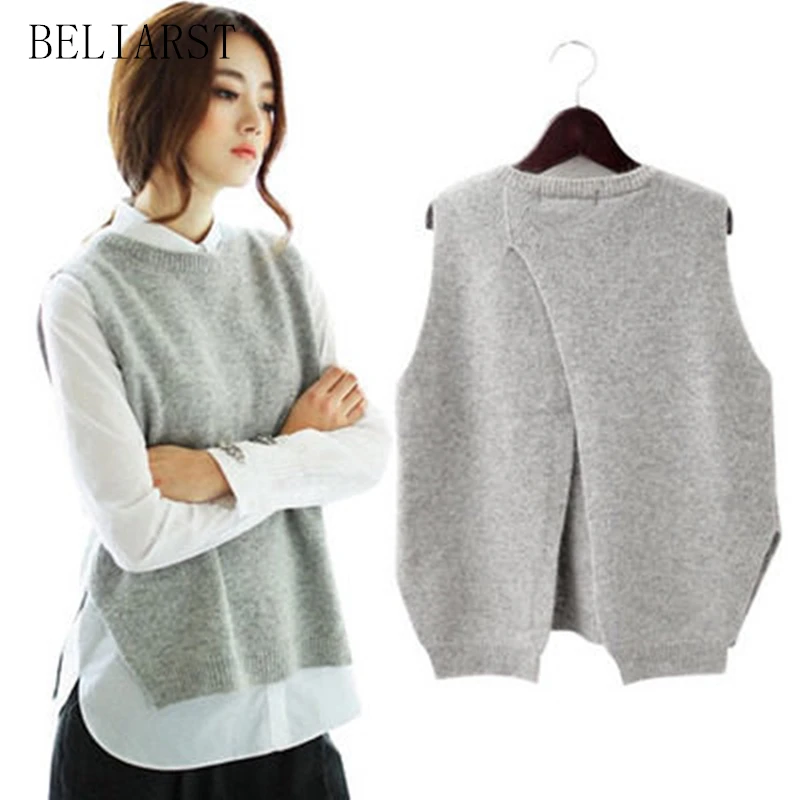 

BELIARST Spring New Cashmere Knit Vest back Split hedging loose Sweater Vest Waistcoat Female thin section knitted pullover
