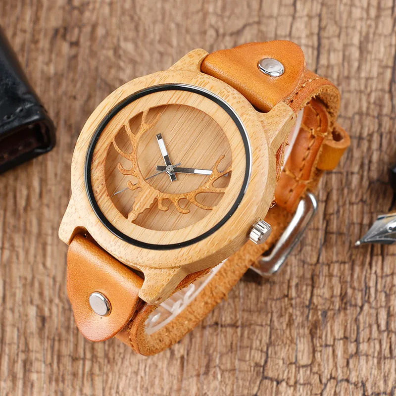 2017 Men's Deer Head Elk Hollow Out Bamboo Wood Casual Watch With Genuine Leather Strap Fashion Casual Wooden Quartz Watches 