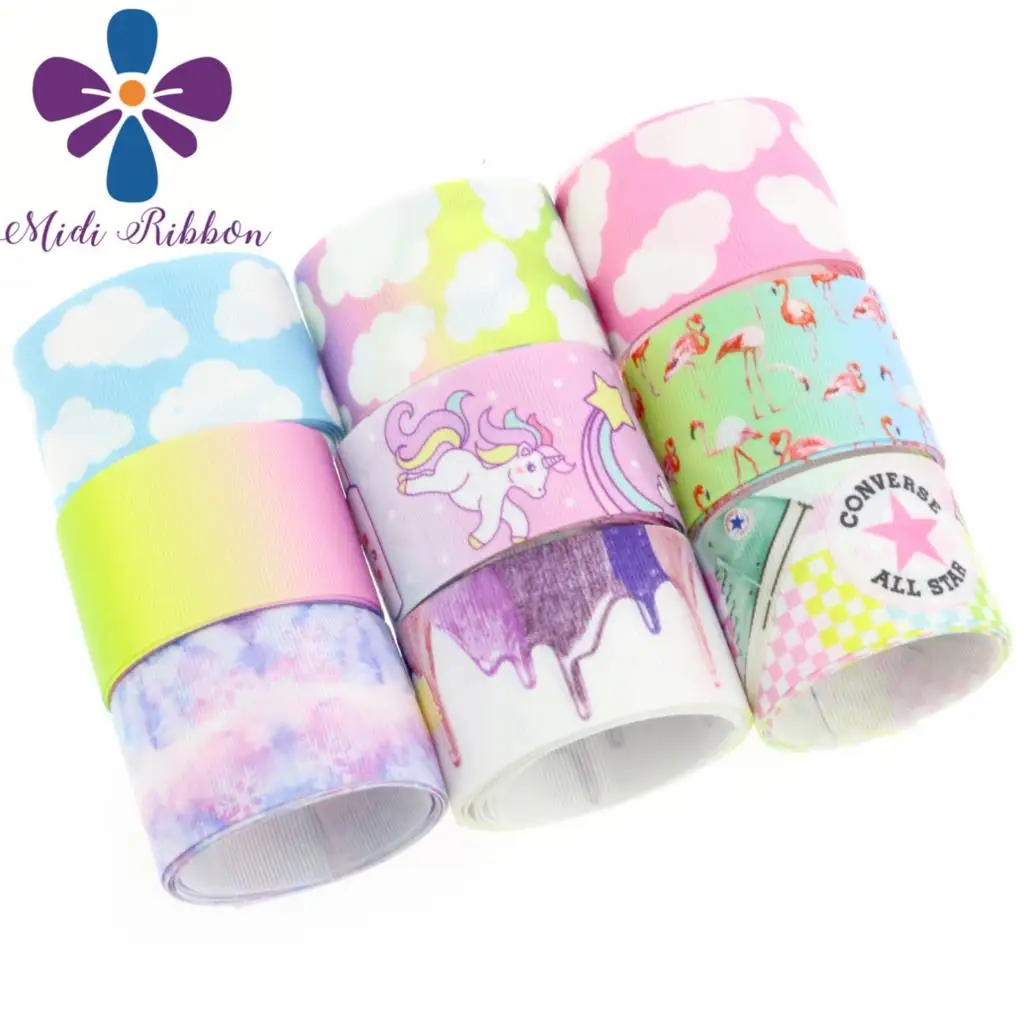 

16mm-75mm Cloud Gradient Colors Unicorn Pattern Cute Flamingo Printed Grosgrain/Elastic Ribbon DIY Party Decoration 50yards/roll