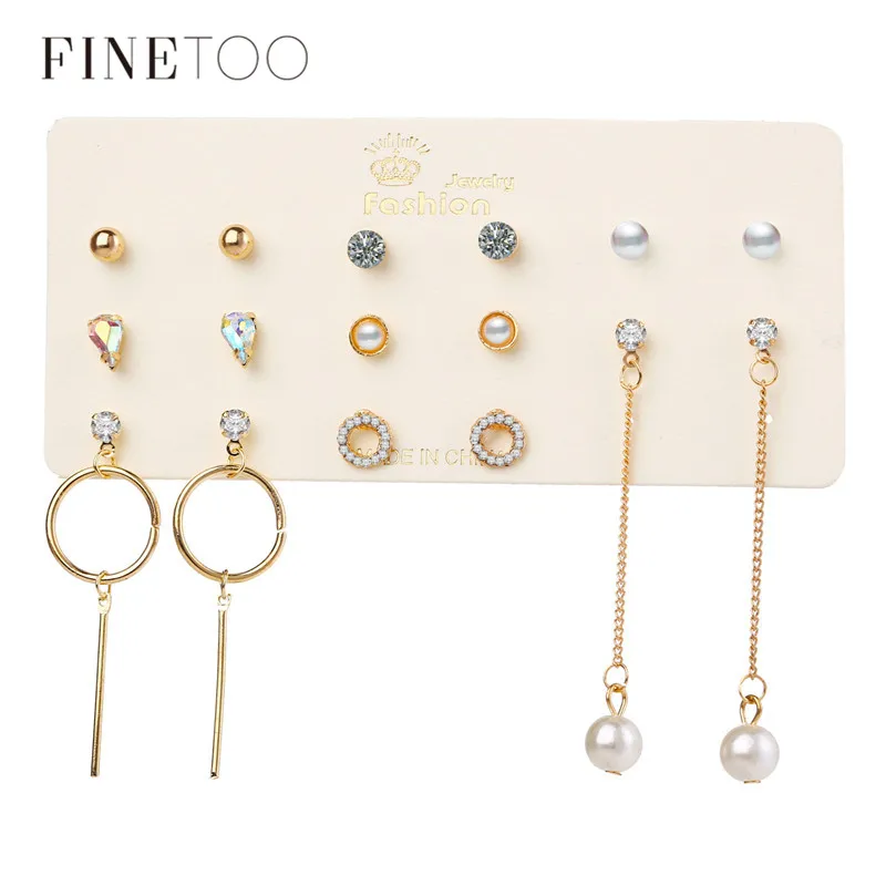 

Mixed Round Water Drop Geometric Crystal Pearl Stud Earrings Set Small Earrings for Women Circle Bar Long Earrings Brincos