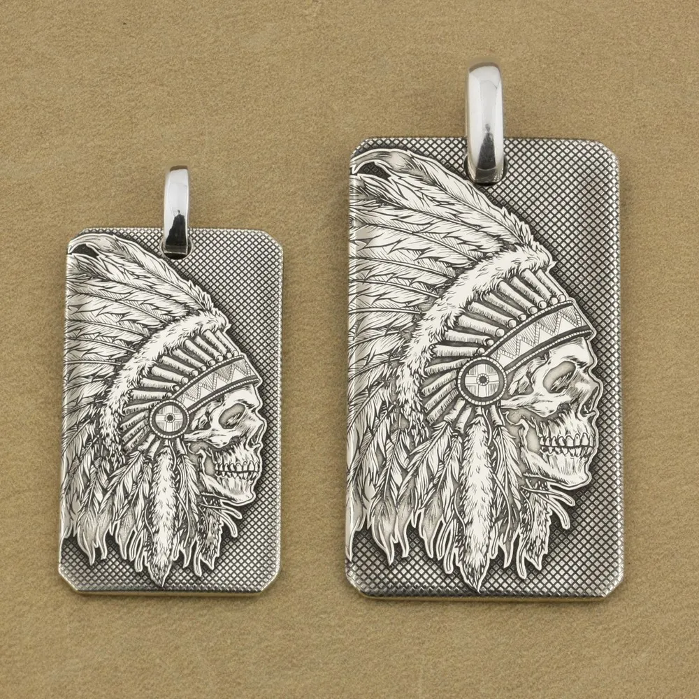 

LINSION Indian Chief Skull DogTag 999 Pure Silver Mens Biker Rock Punk Pendant 9X022S