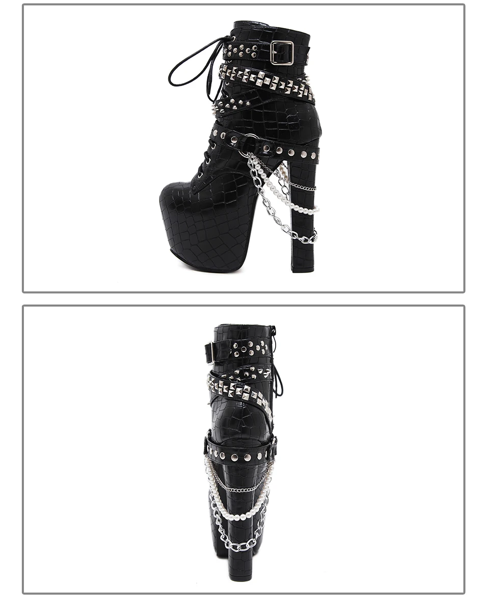 BYQDY/пикантные туфли на высоком каблуке и платформе с цепочками и заклепками; женские ботильоны на платформе; обувь на молнии в стиле панк; женская обувь из лакированной кожи; Прямая поставка