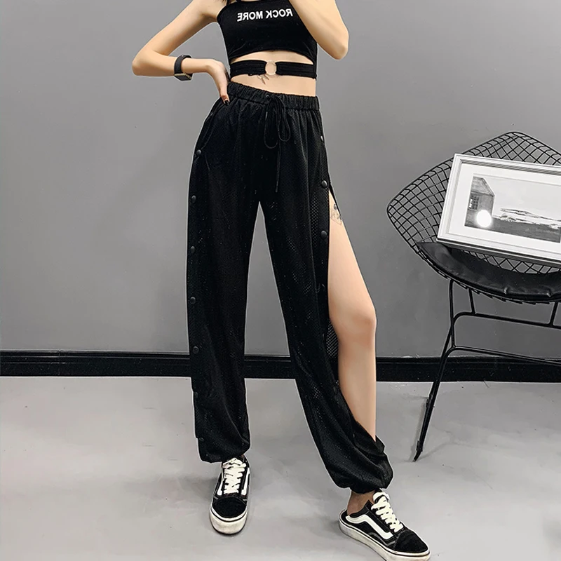 

American and European Sexy Women Solid Elastic Waist Mesh Ankle-banded Harem Pants High Waist 2 Colors Side Split Sexy Pants
