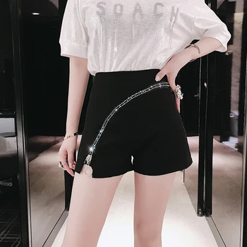 

2019 New Summer Fashion Solid Color Women Shorts High Waist Hot Drilling Zipper Suit Shorts Wide Leg Students Shorts Casual