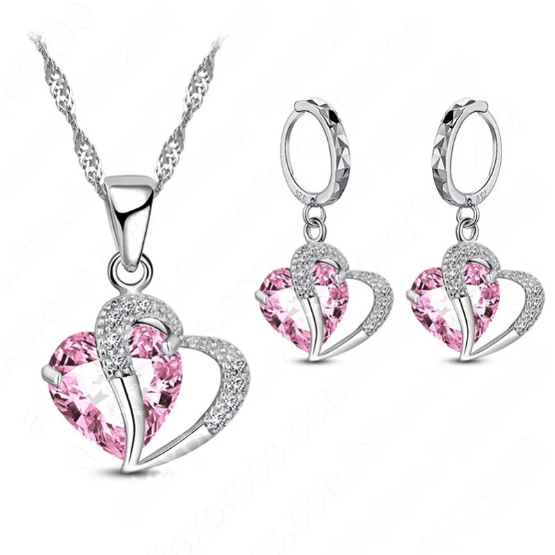 Роскошные женские 925 пробы серебряные кубические циркония ожерелье набор из подвески и серег хряща пирсинг ювелирные изделия свадебное сердце дизайн