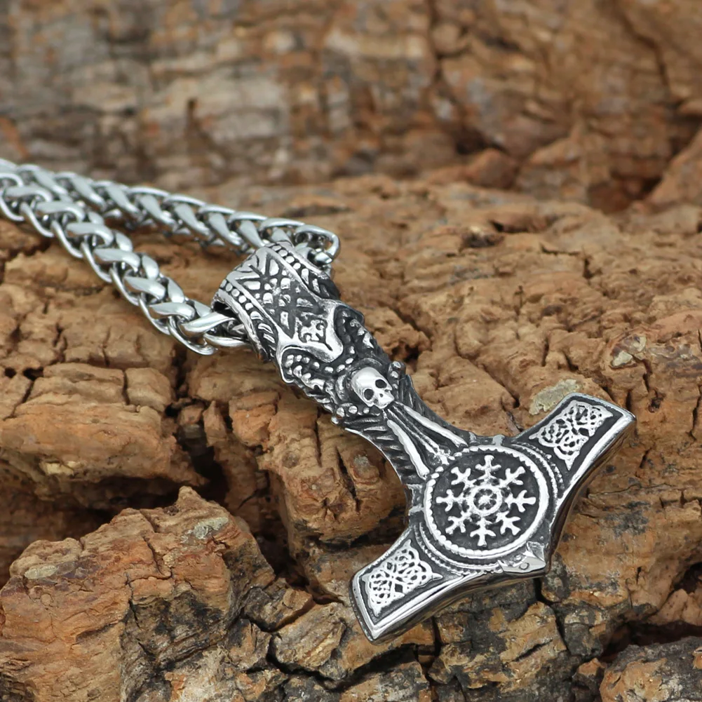 Скандинавский Викинг Mjolnir из нержавеющей стали Thor Hammer череп руля Awe ожерелье для