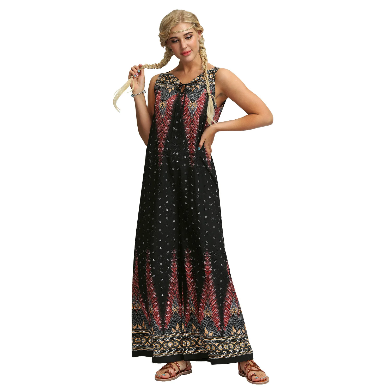 Летние женские комбинезоны без рукавов Модный богемный стиль наряд Boho Цветочный Принт Комбинезон Femme широкие свободные длинные брюки