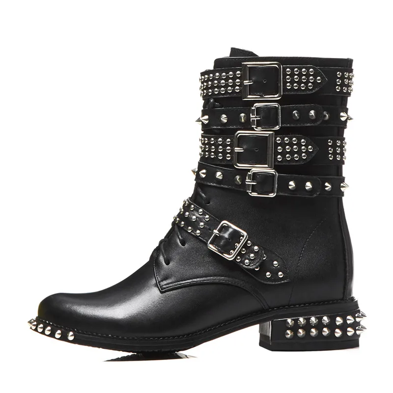 Ботинки в стиле панк с заклепками в стиле рок; женские кожаные ботильоны черного цвета с заклепками; женская зимняя Уличная обувь в стиле панк; женские ботинки с ремешком и пряжкой
