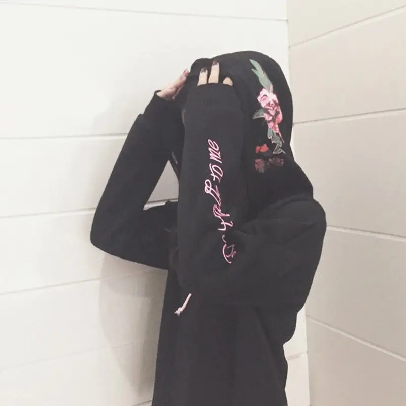  NiceMix 2019 Autumn Harajuku Hoodies Women Sweatshirt Flower Letter Embroidery Punk Hooded Tracksui