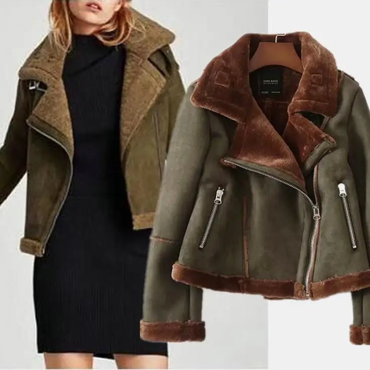 

Women Faux Fur Pu Leather Warm Winter Snow Motorcycle Coat E0601-004
