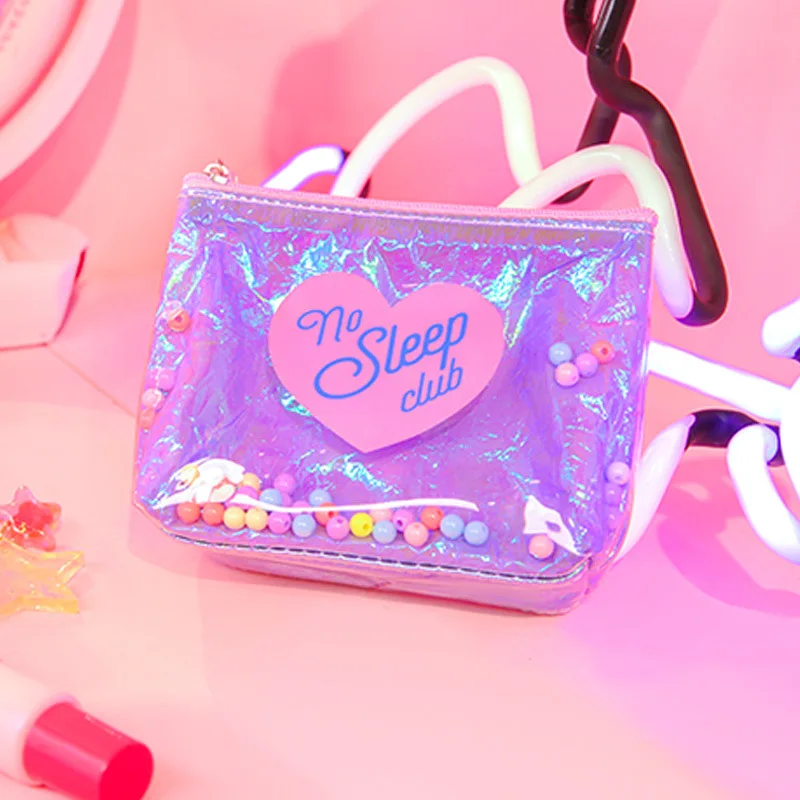 

Hologram Pvc Coin Purse Harajuku Pink Purse Mini Bag Girls Pen Accessories Storage Pouch Colorful Beads Laser Clutch for Women