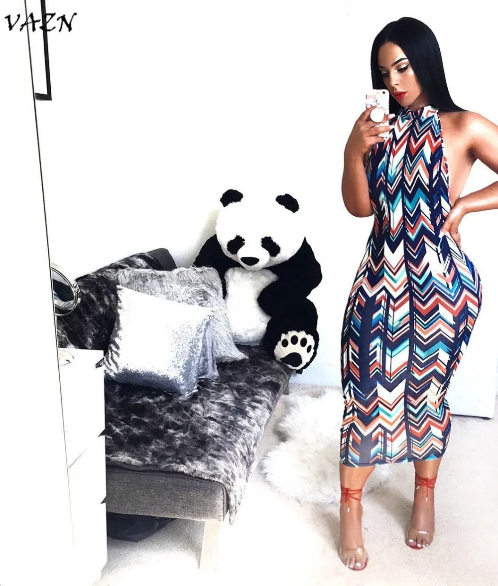

VAZN Hot Fashionable Popular 2018 Sexy Women Dress Striped O-Neck Sleeveless Strap Backless Bodycon Midi Dress Vestido A3009