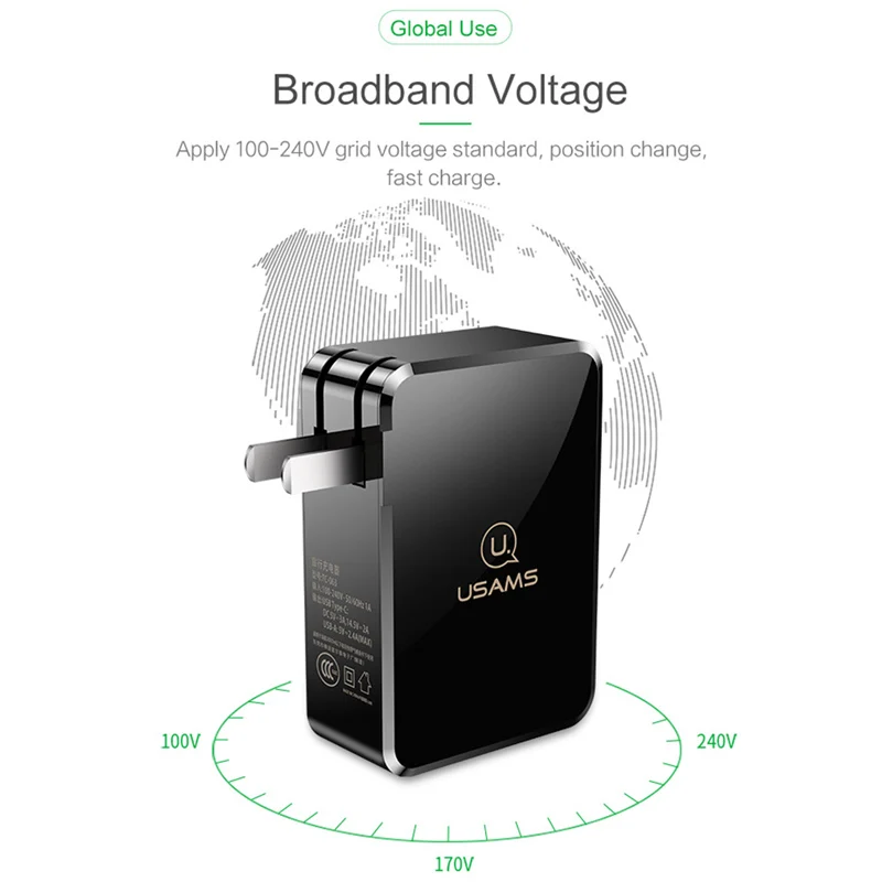 PD быстрое зарядное устройство USAMS US С Тип C & dual usb Выход 5 В/2.4a для IPhone X MacBook Huawei matebook