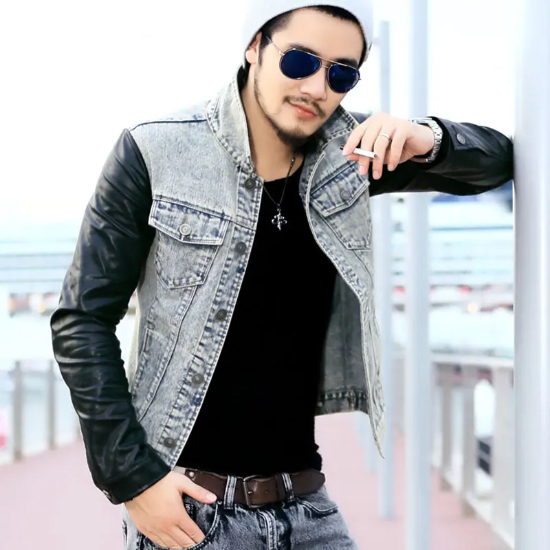 Popular Denim Jacket Leather Sleeve-Buy Cheap Denim Jacket Leather ...