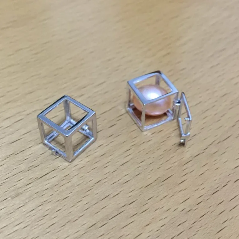 925 Sterling Silver Cute Hollow-out Cube shape Cage Pendant, Hollow Square Box style Can Hold Pearl Gem Locket Pendant Mounting 6