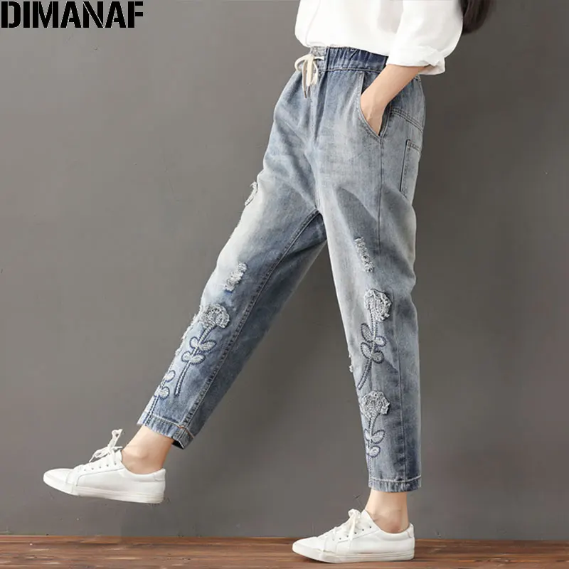 DIMANAF Plus Size Women Jeans Autumn Hole Harem Pants Floral Elastic Waist Show Thin Vintage Capris Pants Blue New Jeans