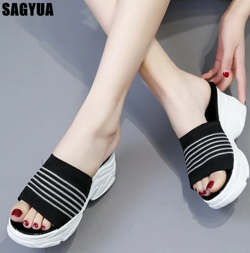 

Women's slipper new knitting Cloth open toe platform Slide shoes ladies Thick bottom Casual shoes Wedge slip on woman shoes Z227