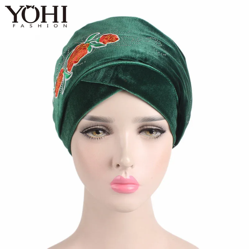 N Luxury Velvet Nigerian Turban with rhinestoned rose flower Hijab