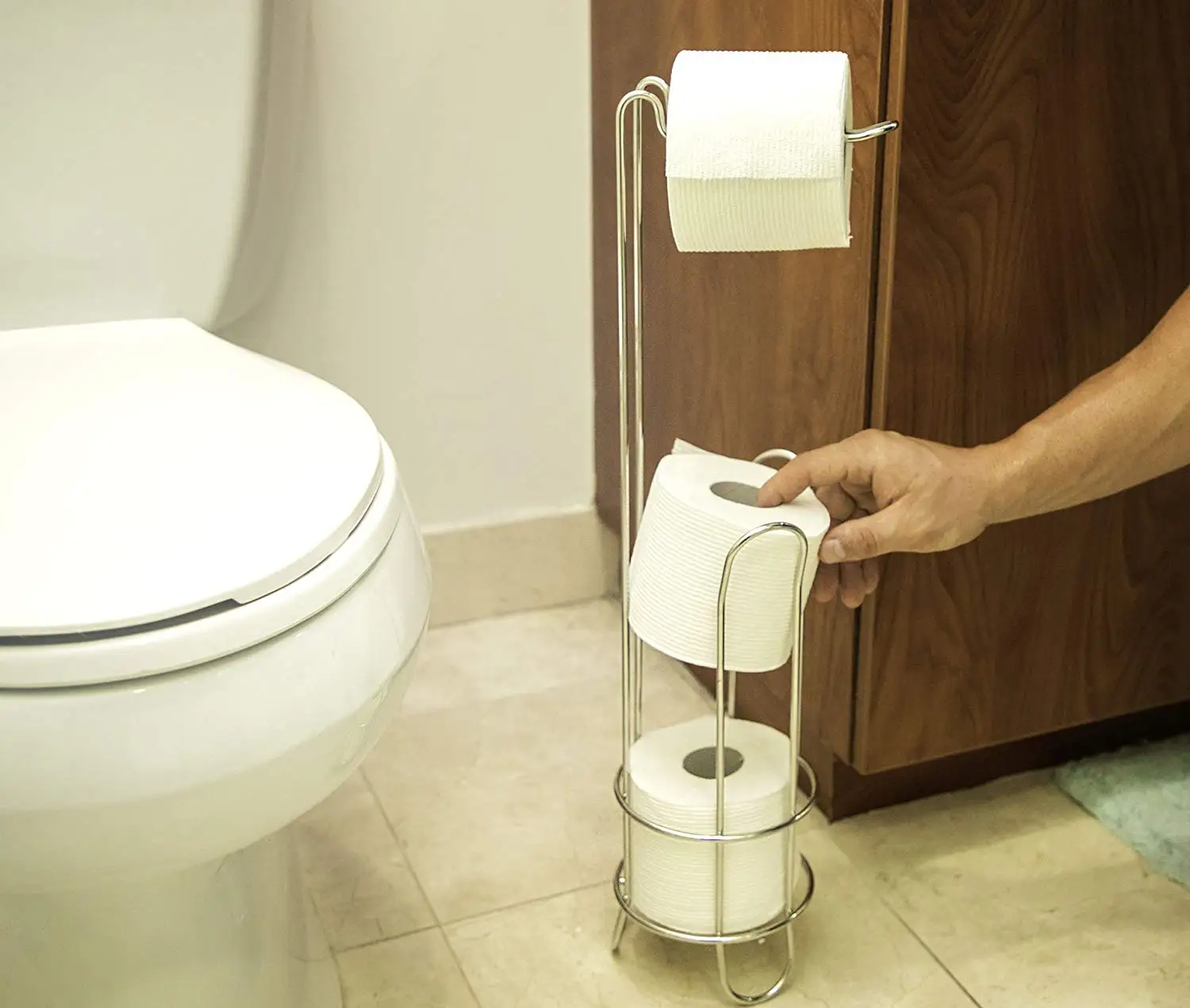 Отдельно стоящий держатель рулона туалетной бумаги и диспенсер для ванных комнат Серебряная подставка для унитаза с дополнительным рулоном для хранения до 4 рулонов