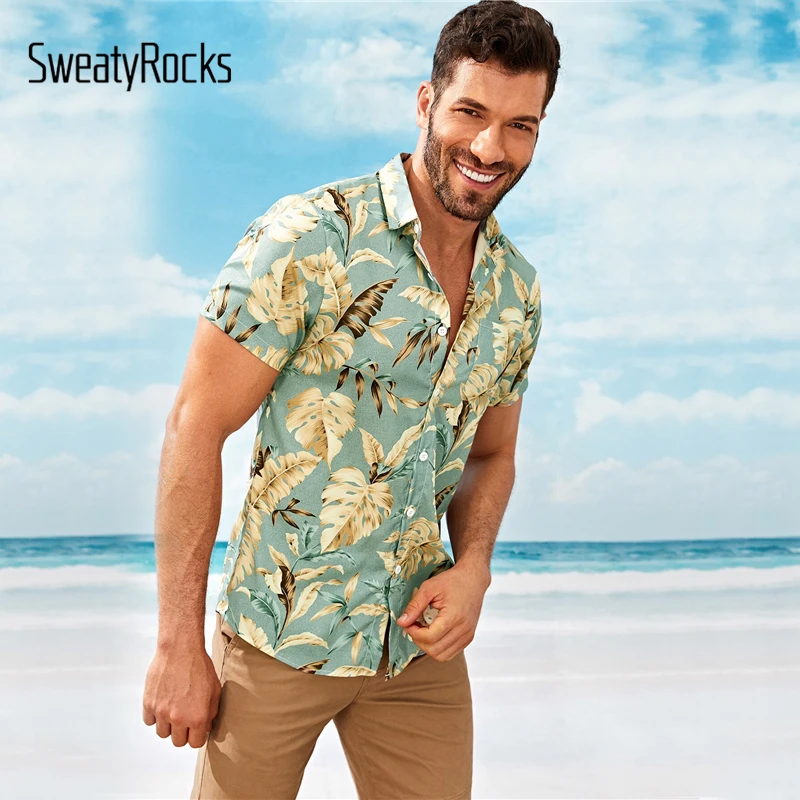 SweatyRocks Мужская рубашка с тропическим принтом Праздничная с коротким рукавом Бохо майки летние уличные свитеры с пуговицами повседневные рубашки
