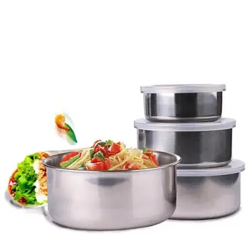 

5Pcs Stainless Steel bowls Home Kitchen Food Container Storage Mixing Bowl Set with clear plastic lids 5O0125