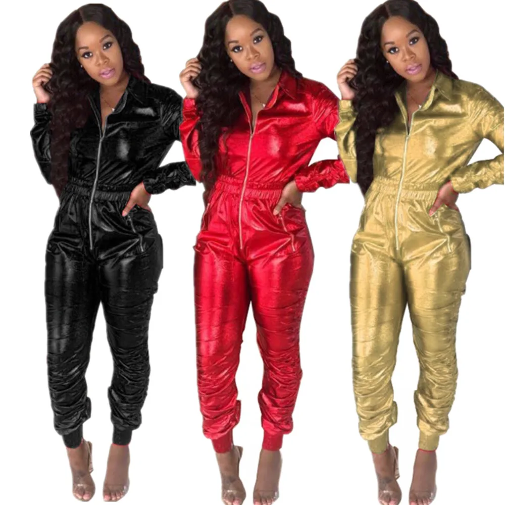 

Sexy bodysuit tracksuit rompers womens jumpsuit long sleeve pockets zippers solid slim office lady overalls combinaison femme