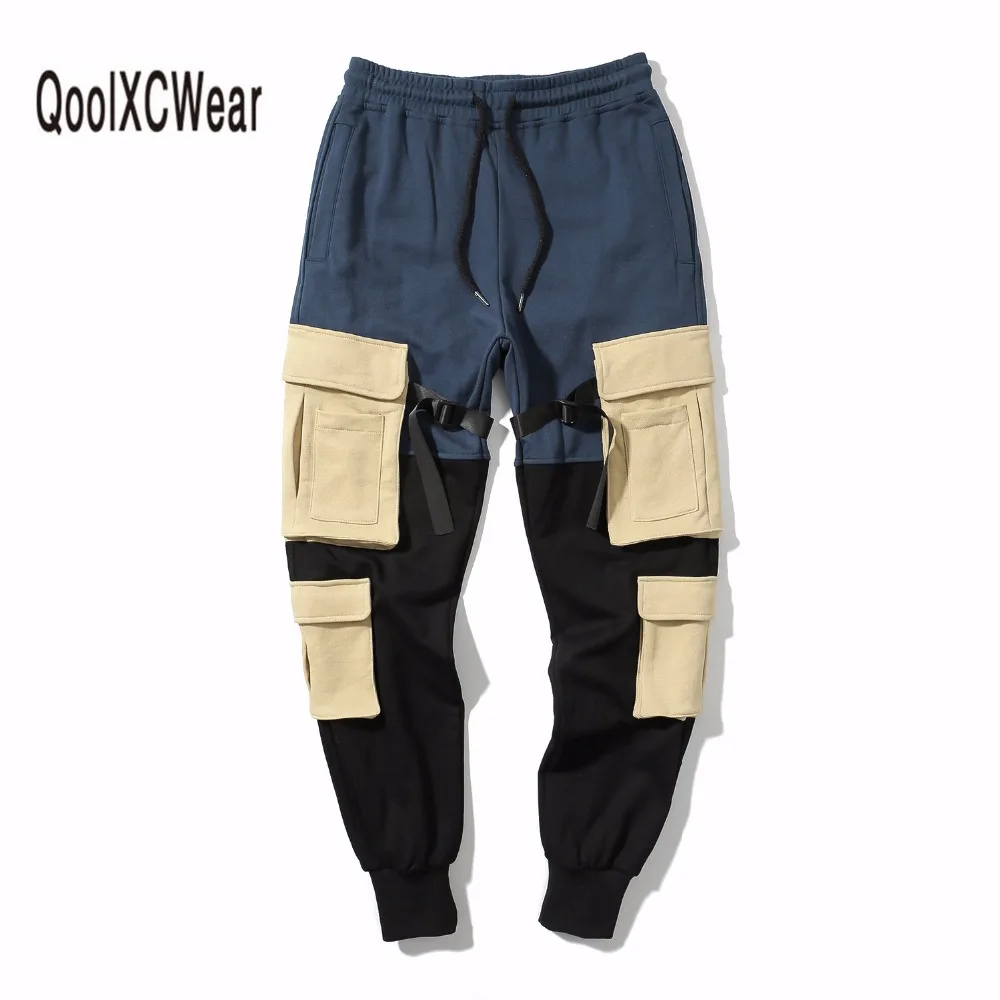 QoolXCWear Штаны Для мужчин хип-хоп бегунов лоскутное боковые карманы грузов пот Штаны Джастин Бибер брюки Повседневное уличная