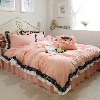 

New sexy bedding set black lace ruffle decorative duvet cover dobby print bed skirt bedspread elegant bed clothes home textile