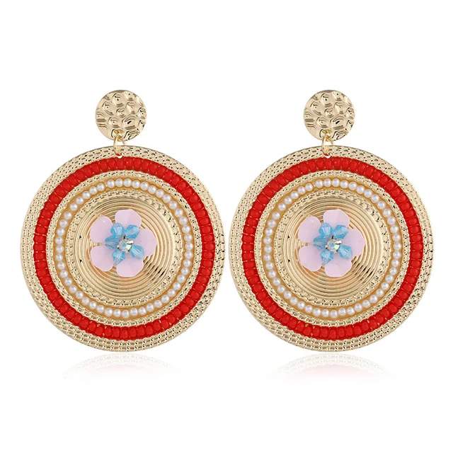 1 Pair Women Novelty Round Disc Earrings Dangle Flower Decor Bohemian Jewelry Earings M8694in
