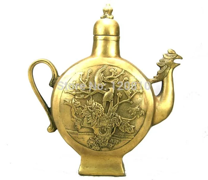

Copper antique copper pot desktop Buddha ornaments ornaments study 16cm Dragon blessing word flat flagon statue