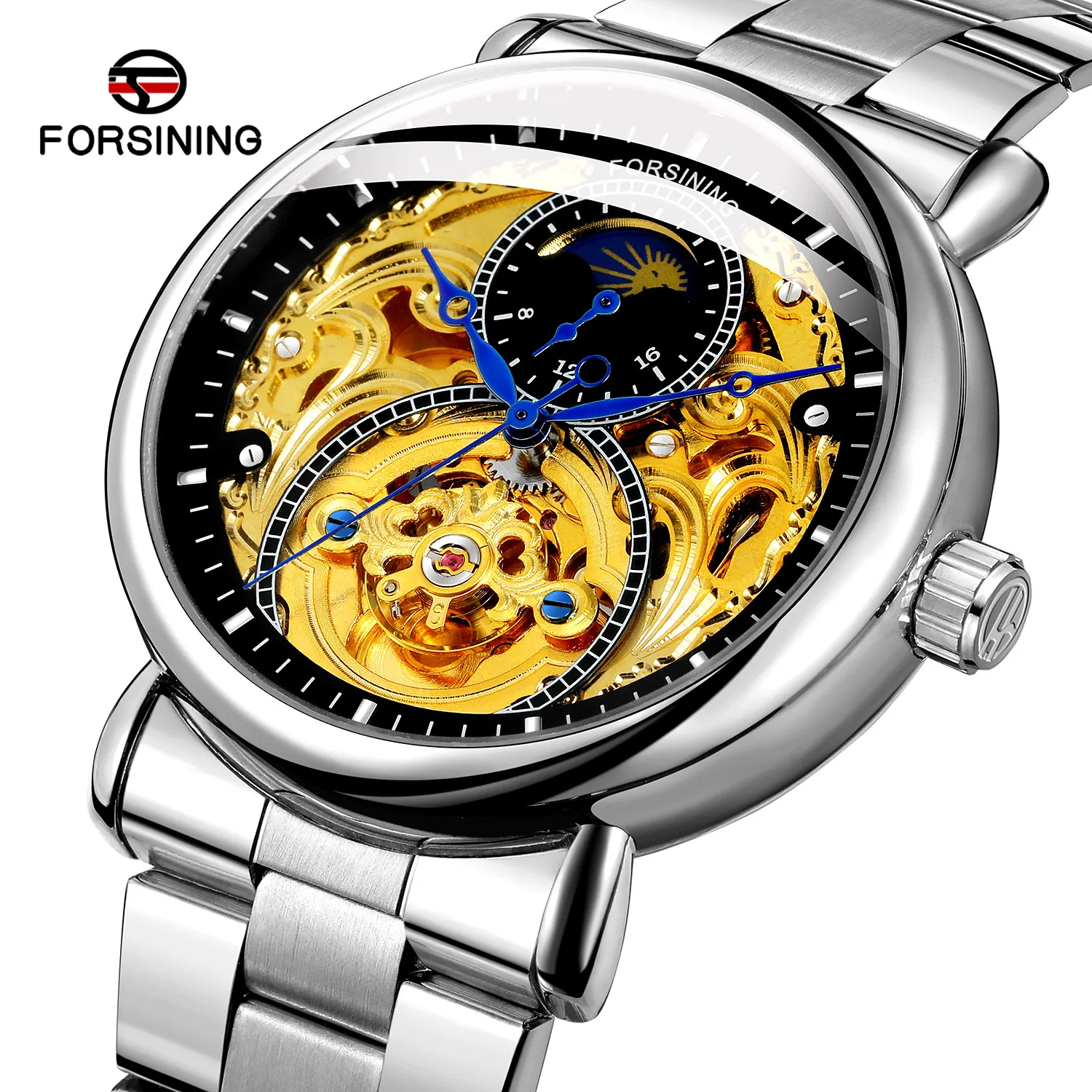 

Forsining Men Silver Black Moon Phase Automatic Self-wind Mechanical Watch Stainless Steel Elegant Clock