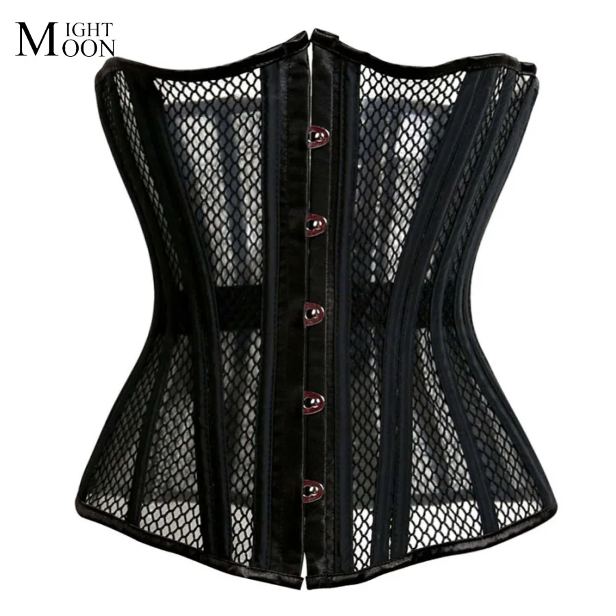 

MOONIGHT New Arrival Sexy Burlesque Costume Mesh Hollow Corset Bustier Waist Cincher Black Color Plus Size S-3XL
