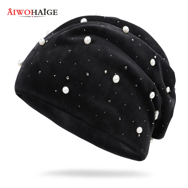 

New fashion winter hat pearl bright diamond decoration high quality cotton outdoor comfort wild lady peas warm winter hat