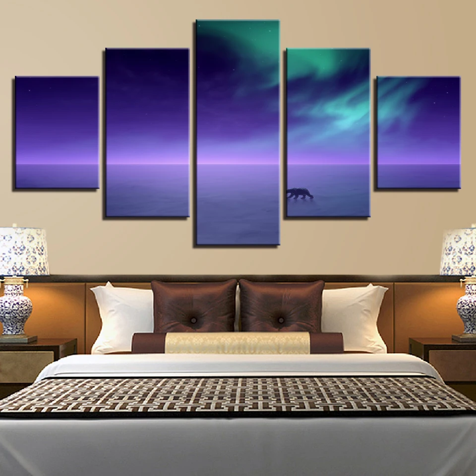 

Decor Wall Art Living Room Modern HD Printing 5 Pieces Animal Picture Aurora Abstract Night View Poster Modular Canvas Paintings