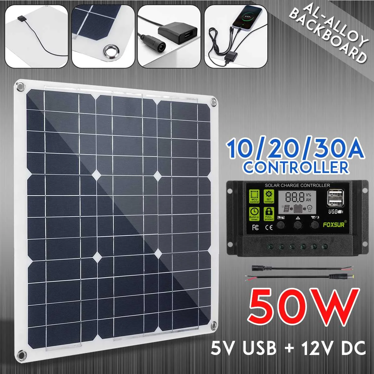 

LEORY 50W USB Solar Panel Monocrystalline Solar Panel with Car Charger +10/20/30A Controller for Outdoor Camping Emergency Light