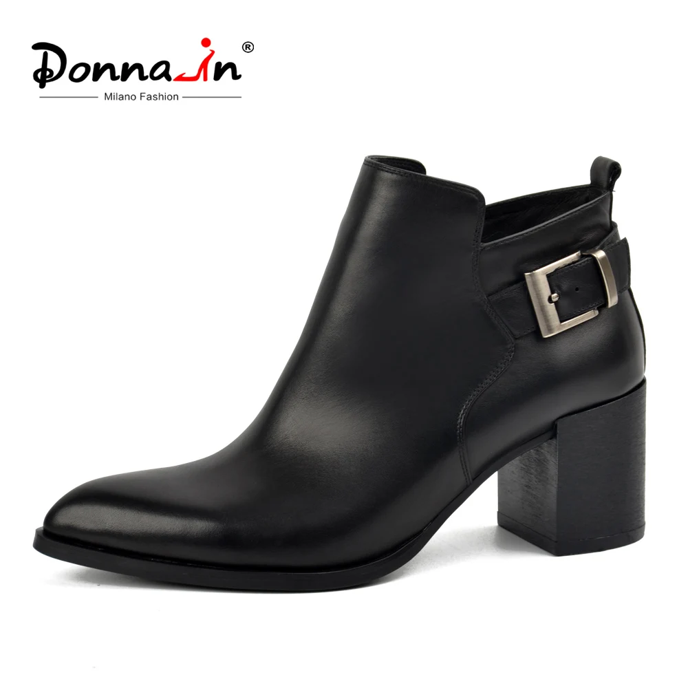 

Donna-in genuine leather ankle boots elegant pointed toe thick heel ladies shoes short boots women's leather boots winter boots