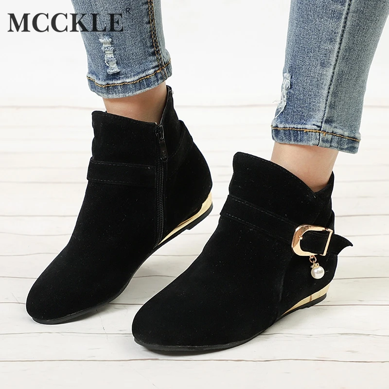 

MCCKLE Plus Size Autumn Women Ankle Boots Beading Wedges Shoe For Ladies Flock Short Boot Fashion Buckle Strap Zip Casual Shoes