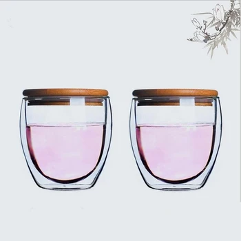 

PINDEFANG 2pcs 260ml Double Wall Glass Coffee Cup With Bamboo Lid Daily Drinkware Juice Mug Personal Water Tea Cup Hotsale