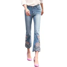 Весенние модные женские синие джинсы с вышивкой, женские джинсовые брюки с вышивкой, джинсовые расклешенные брюки для женщин