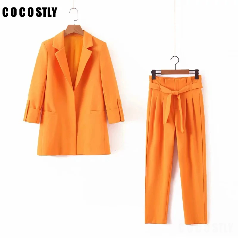 

2019 Business Women Pencil Pant Suits 2 Piece Sets Orange Solid Blazer + Pants Office Lady Notched Jacket Female suit