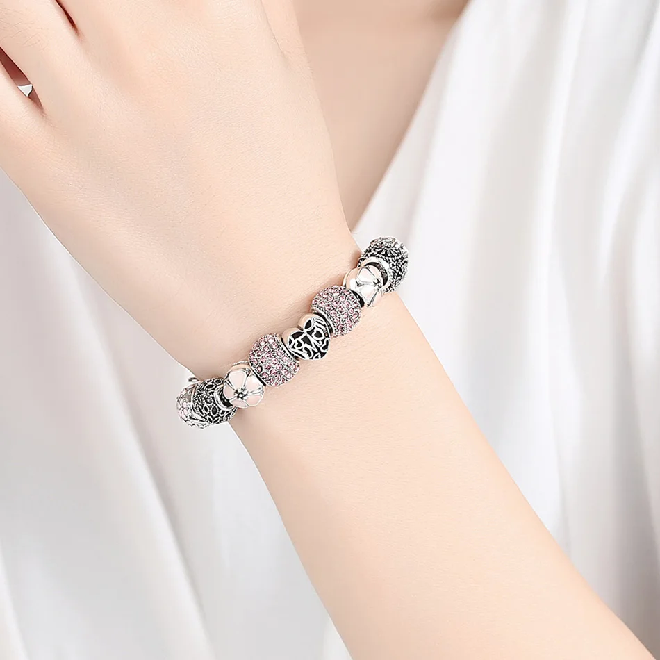 BELAWANG европейские очаровательные бусины браслеты и браслеты с безопасной цепочкой античный серебряный браслет сердце для женщин ювелирные изделия дружбы