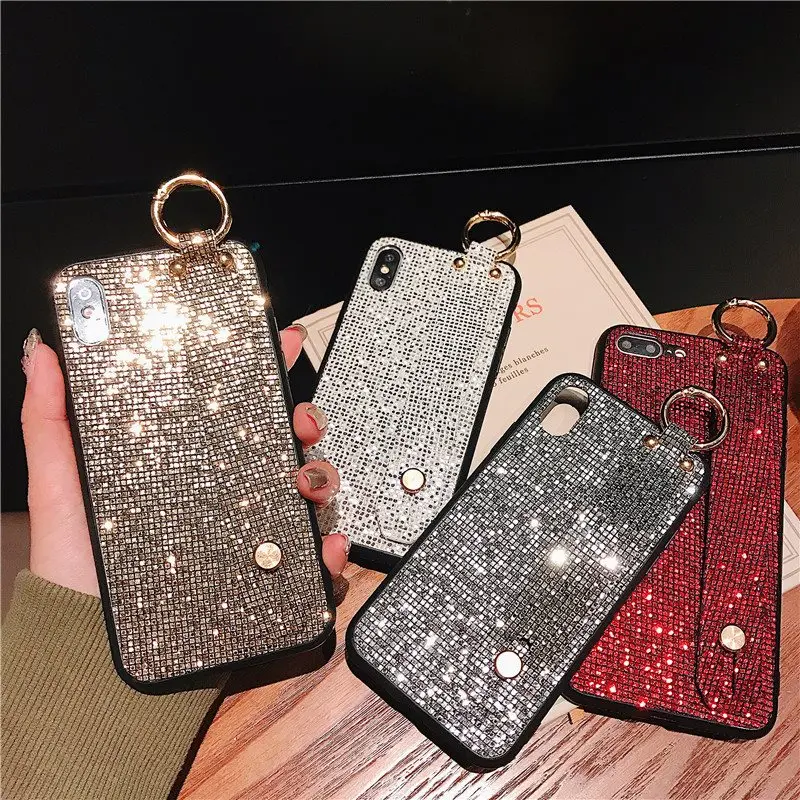 Europe Luxury dimonds sequins glitter wrist bracket hard phone case for iphone 6s p 7 8 plus x